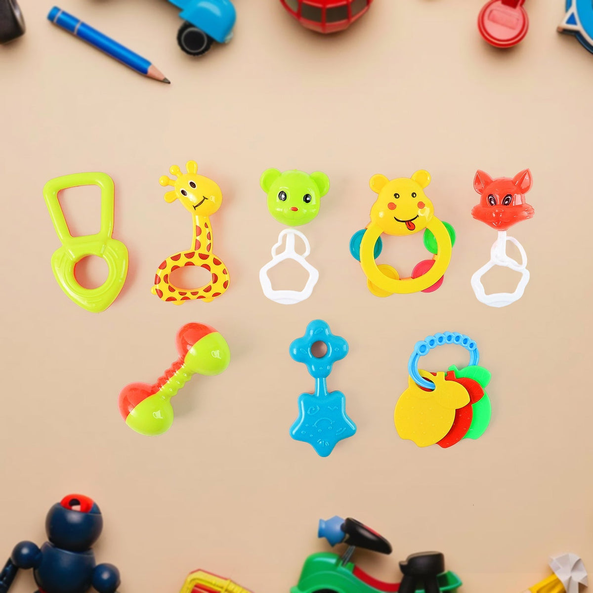 8-piece baby rattle set in vibrant colors for infant sensory play Main image