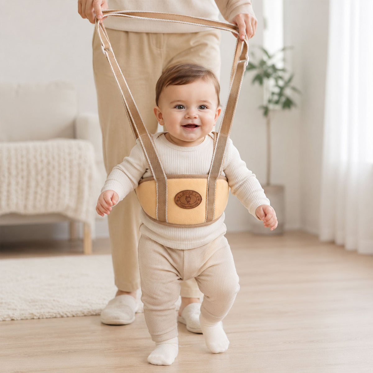Baby walking support harness in a neutral colour for toddler first steps Main image