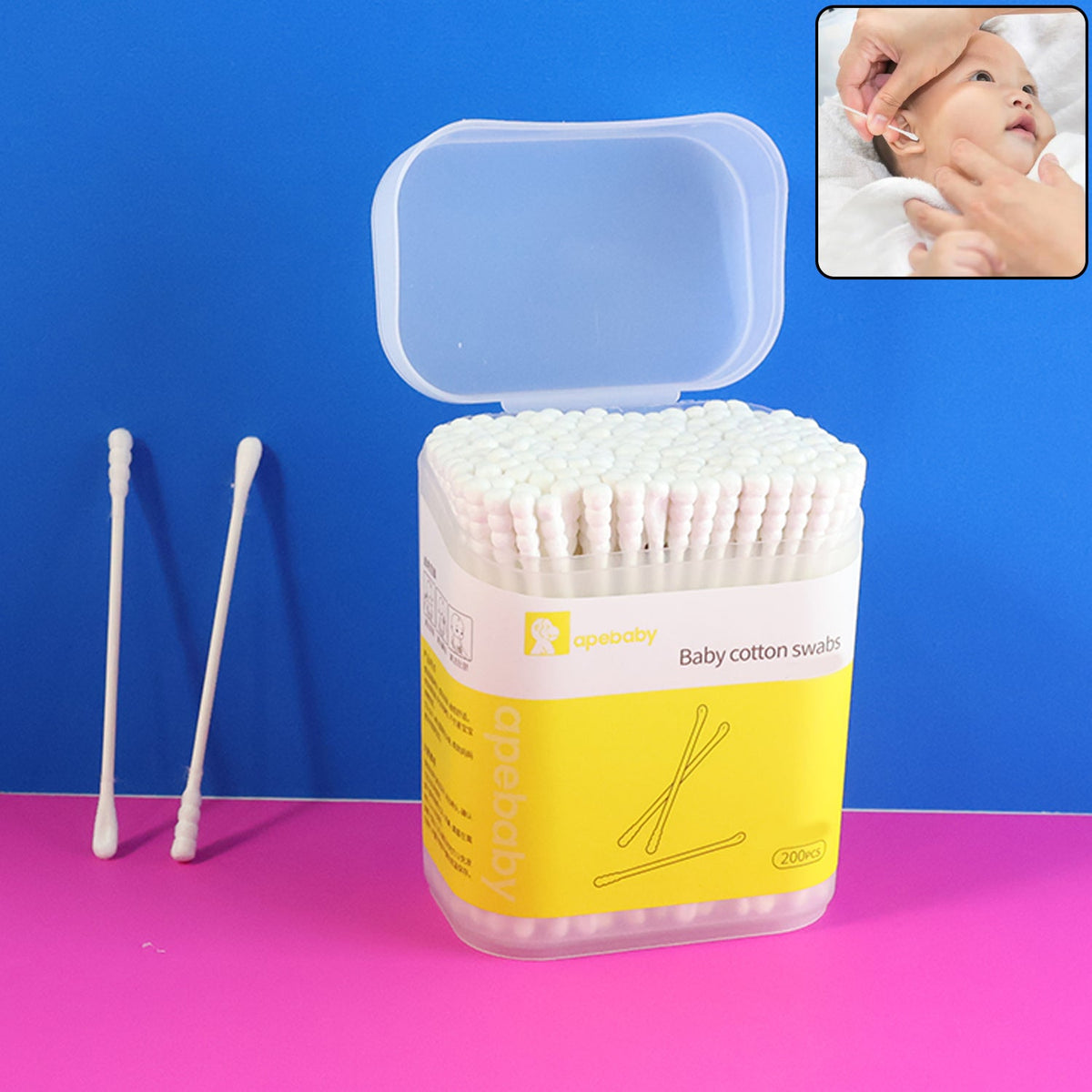 Box of premium ultra-soft baby cotton swabs with double-tip safety design Main image