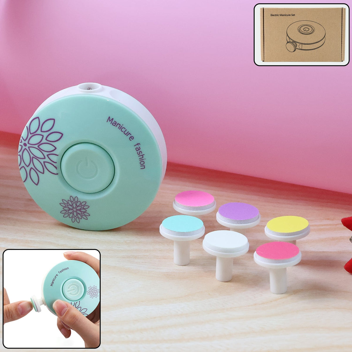 Baby electric nail trimmer with interchangeable grinding heads laid out Main image