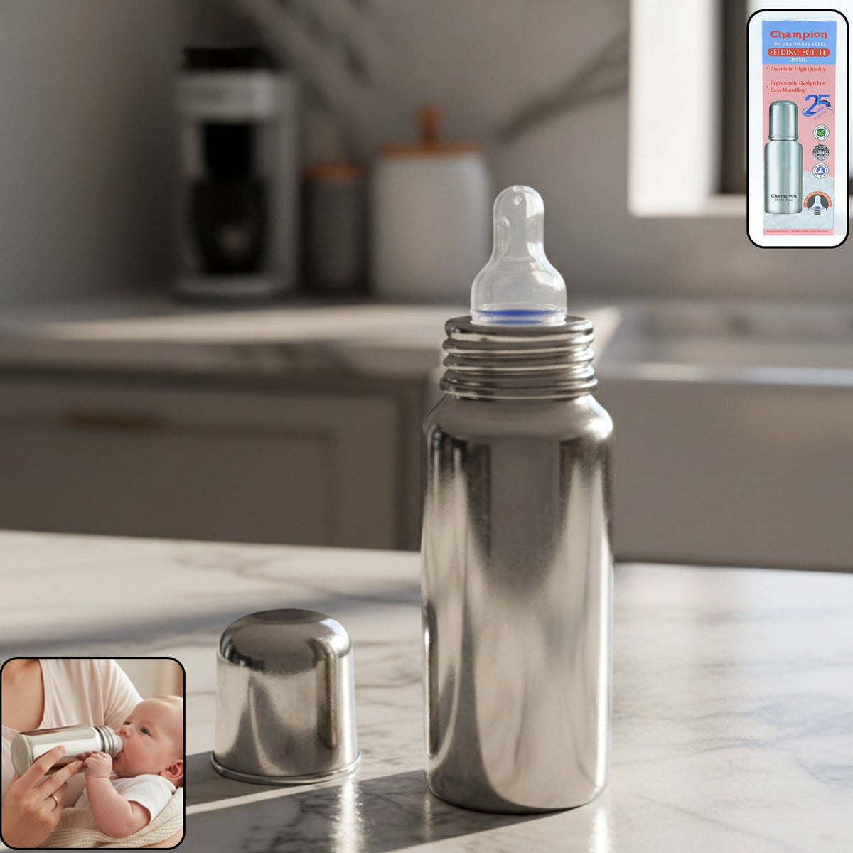 250ml stainless steel baby feeding bottle with silicone nipple Main image