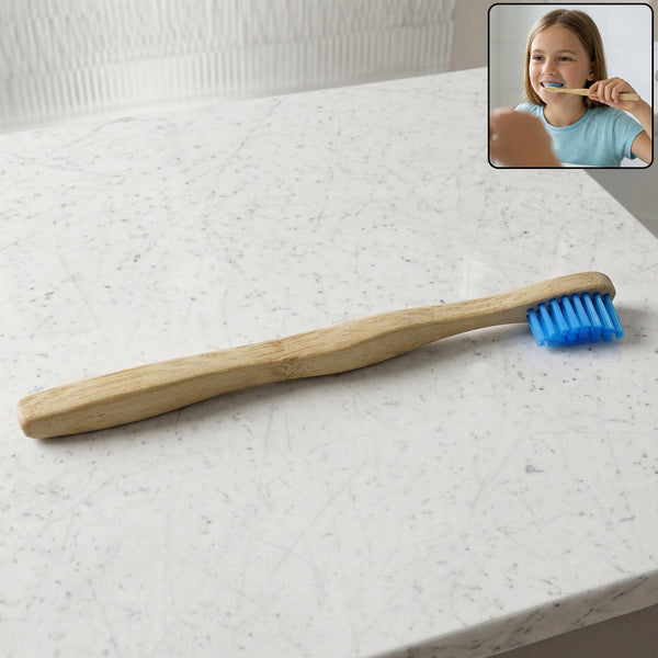 Sustainable wooden toothbrush with soft blue bristles and natural handle