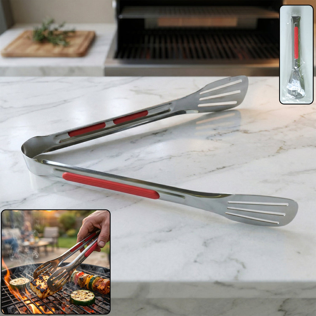 Stainless steel kitchen tongs with anti slip grip for versatile cooking. Main image