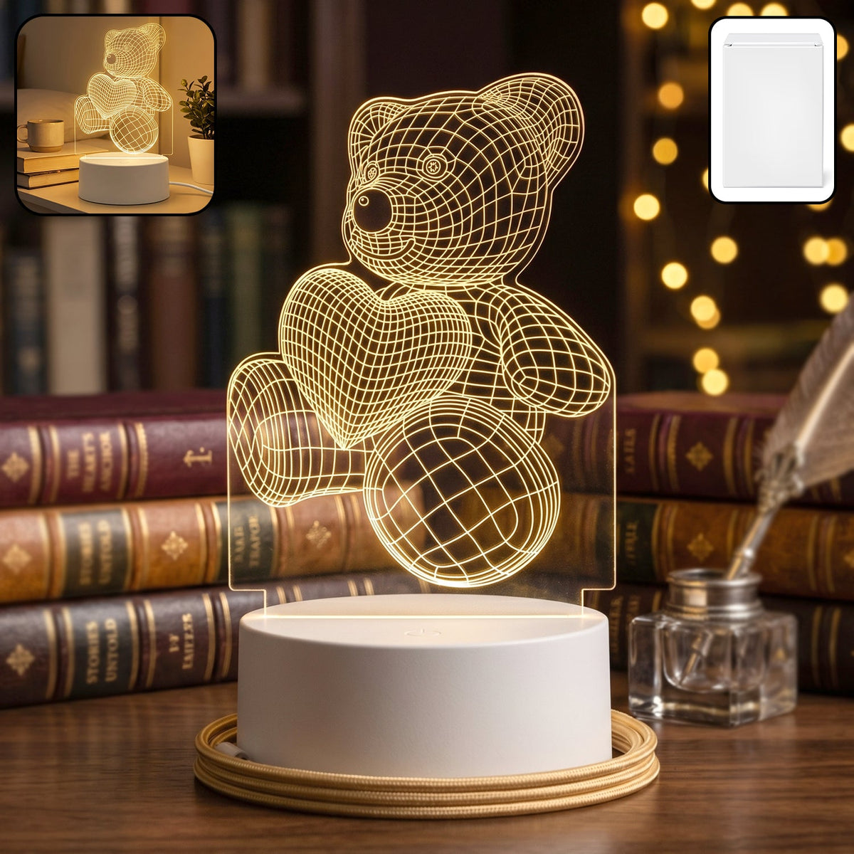 Front view of 3D Teddy Bear LED Night Lamp with heart Main image