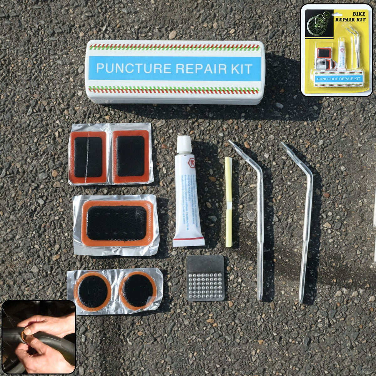 Portable bicycle tire repair kit with patches, adhesive, and tools in compact case Main image