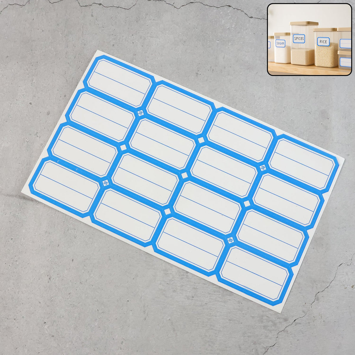 Sheet of self-adhesive rectangular label stickers ready for organizing Main image