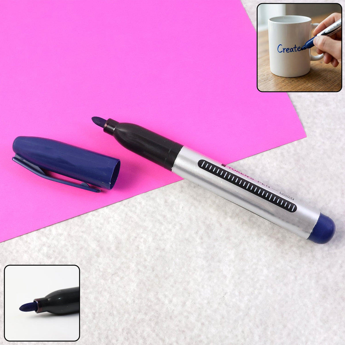 Permanent marker pen with thick bold blue ink tip Main image