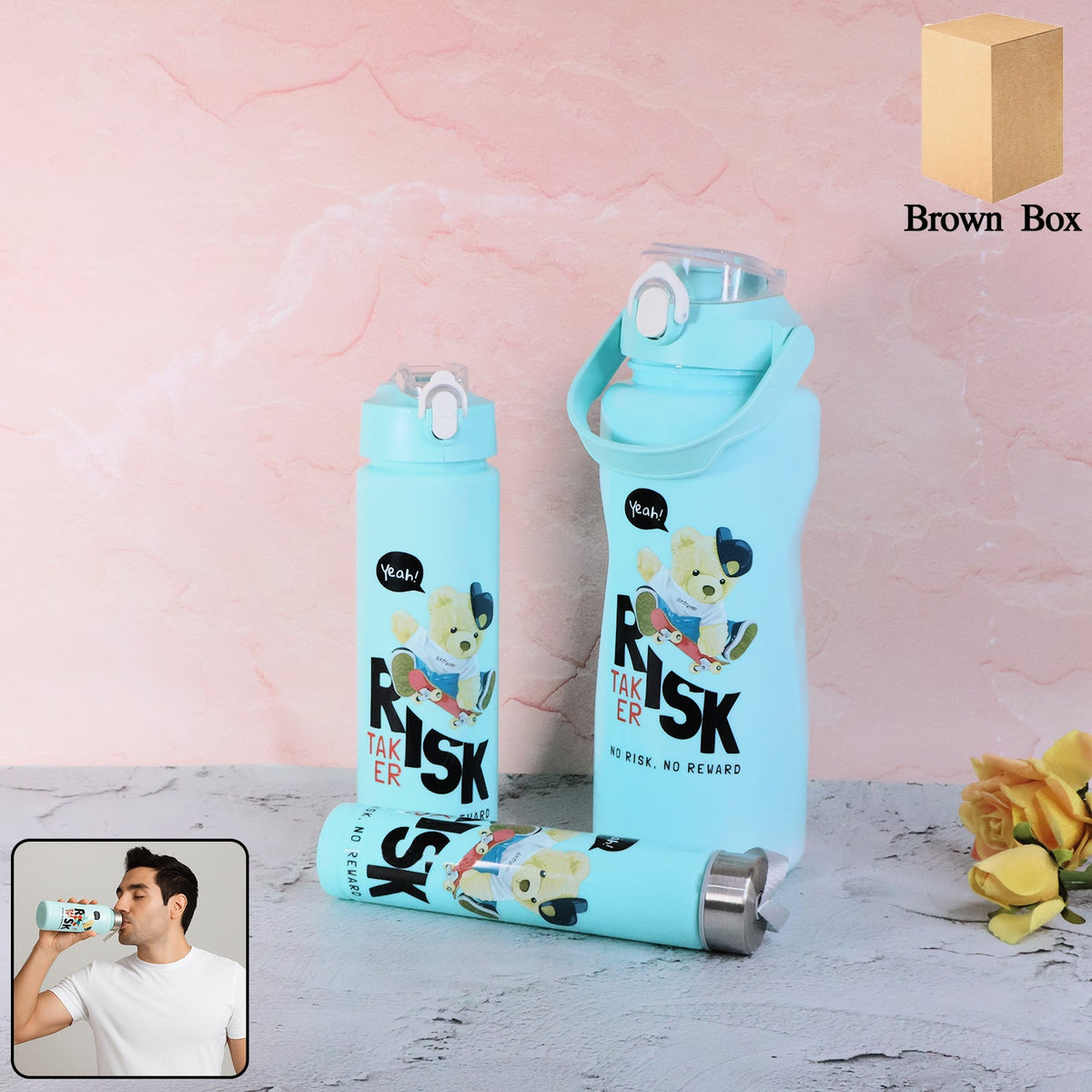 Risk Taker printed water bottle set with three leakproof bottles of different sizes Main image