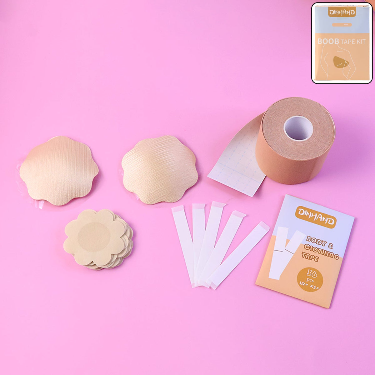 Body & clothing tape kit roll with fashion tape strips and nipple covers for invisible outfit support Main image