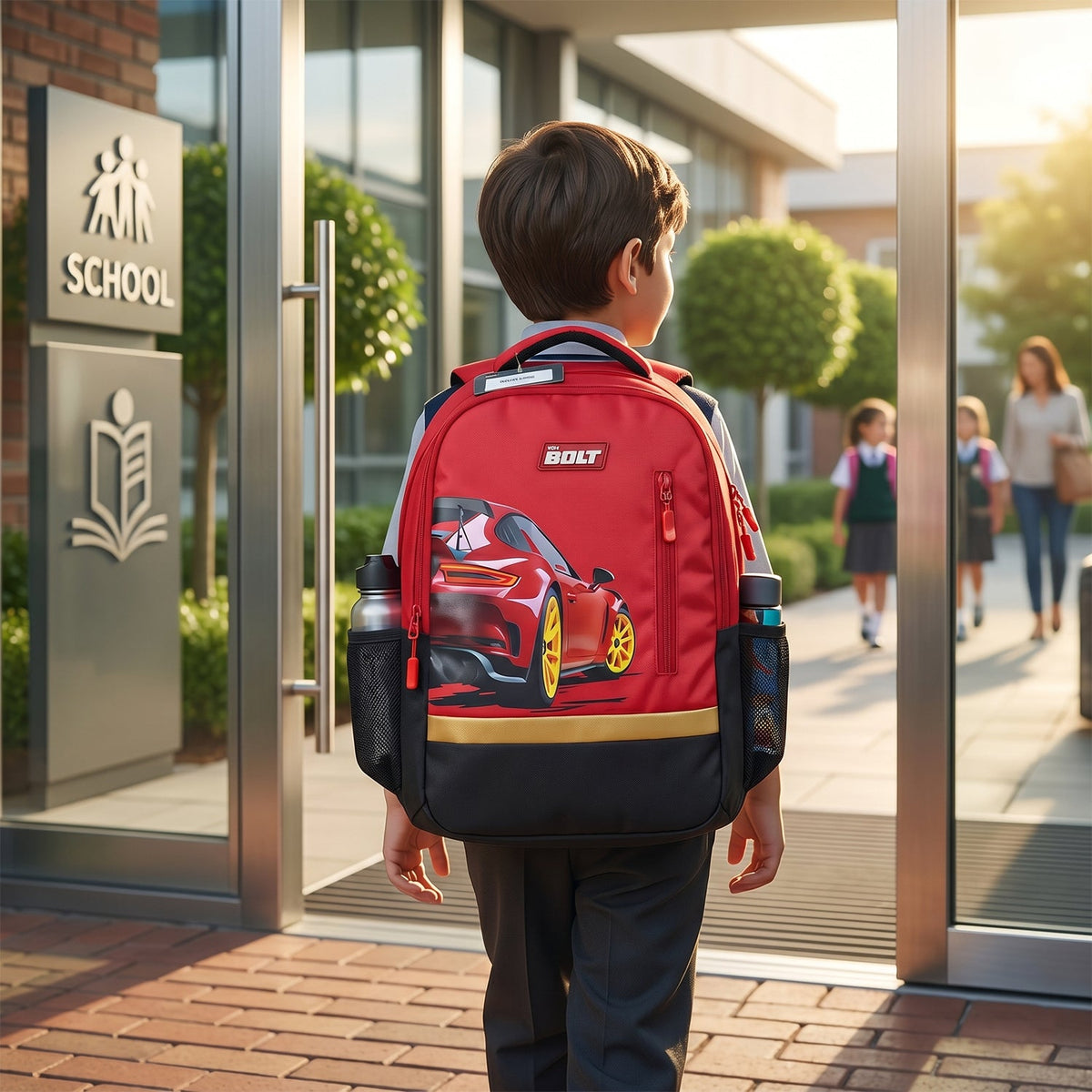 Large 19-inch kids' school bag with vivid car design Main image