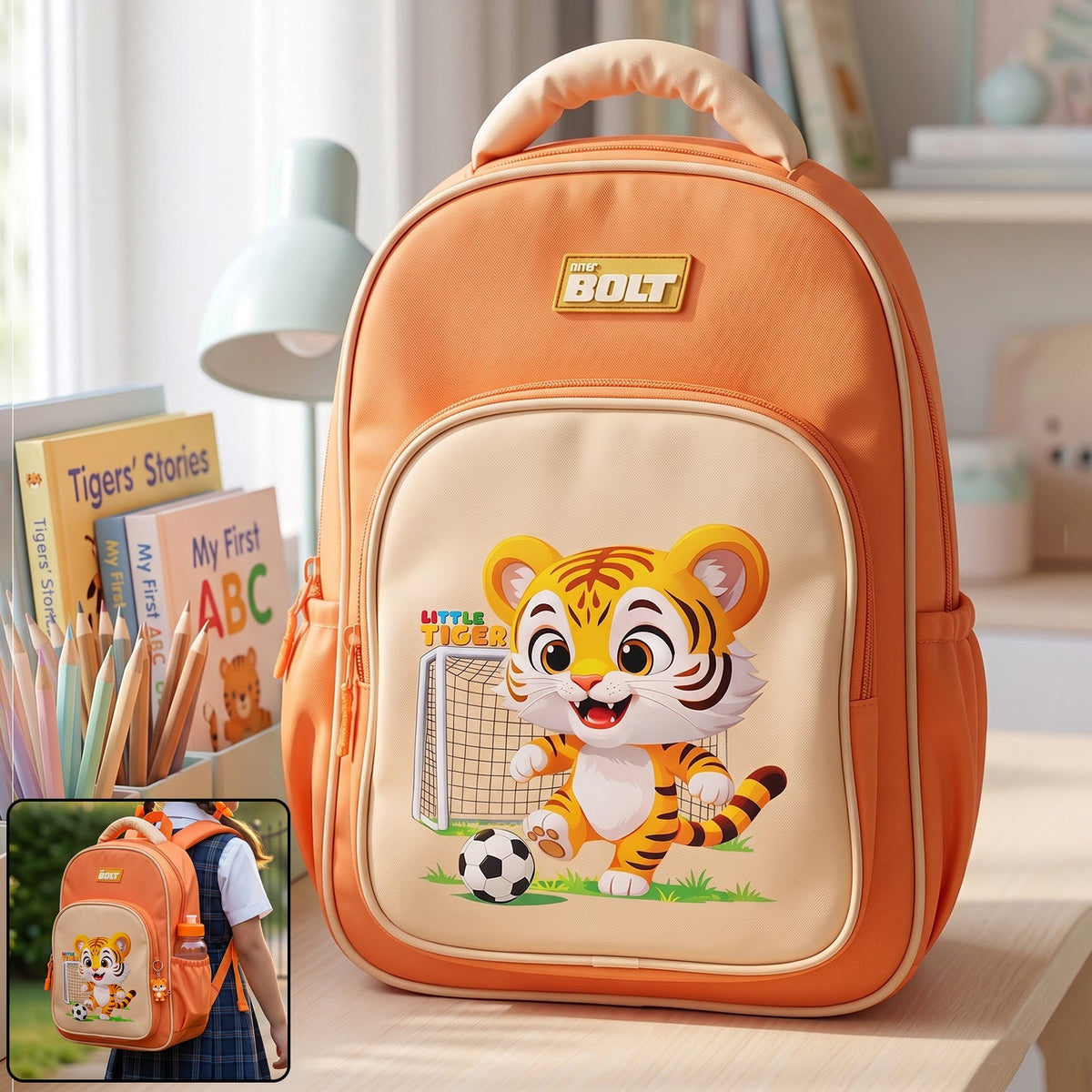 Cartoon school backpack for kids with playful soccer graphic Main image