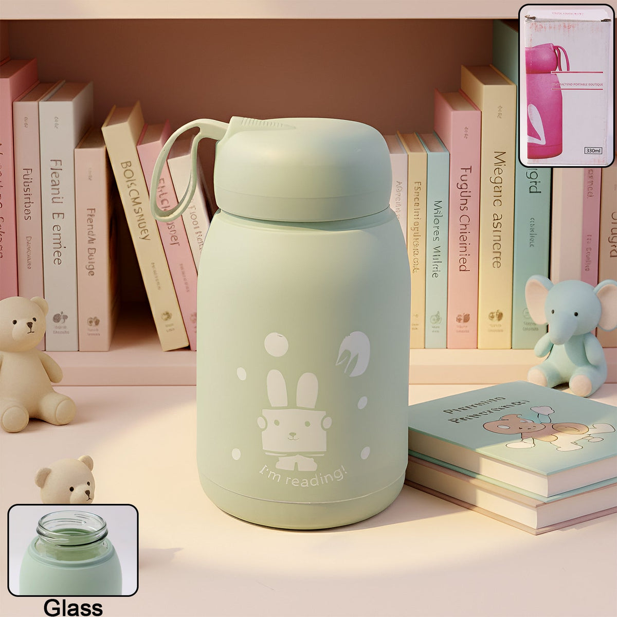 Rabbit printed insulated glass water bottle Main image