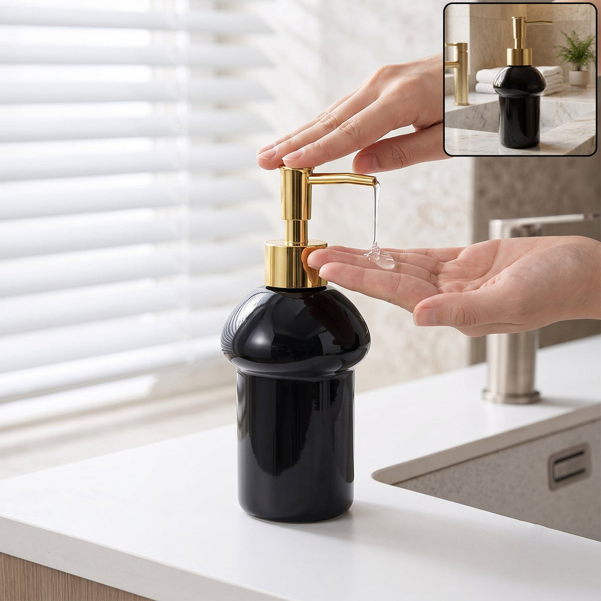 Black glass liquid soap dispenser bottle with gold pump, refillable (1 pc) Main image