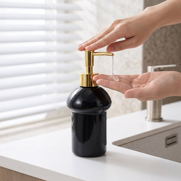Kitchen and bathroom soap dispenser in black glass with gold pump