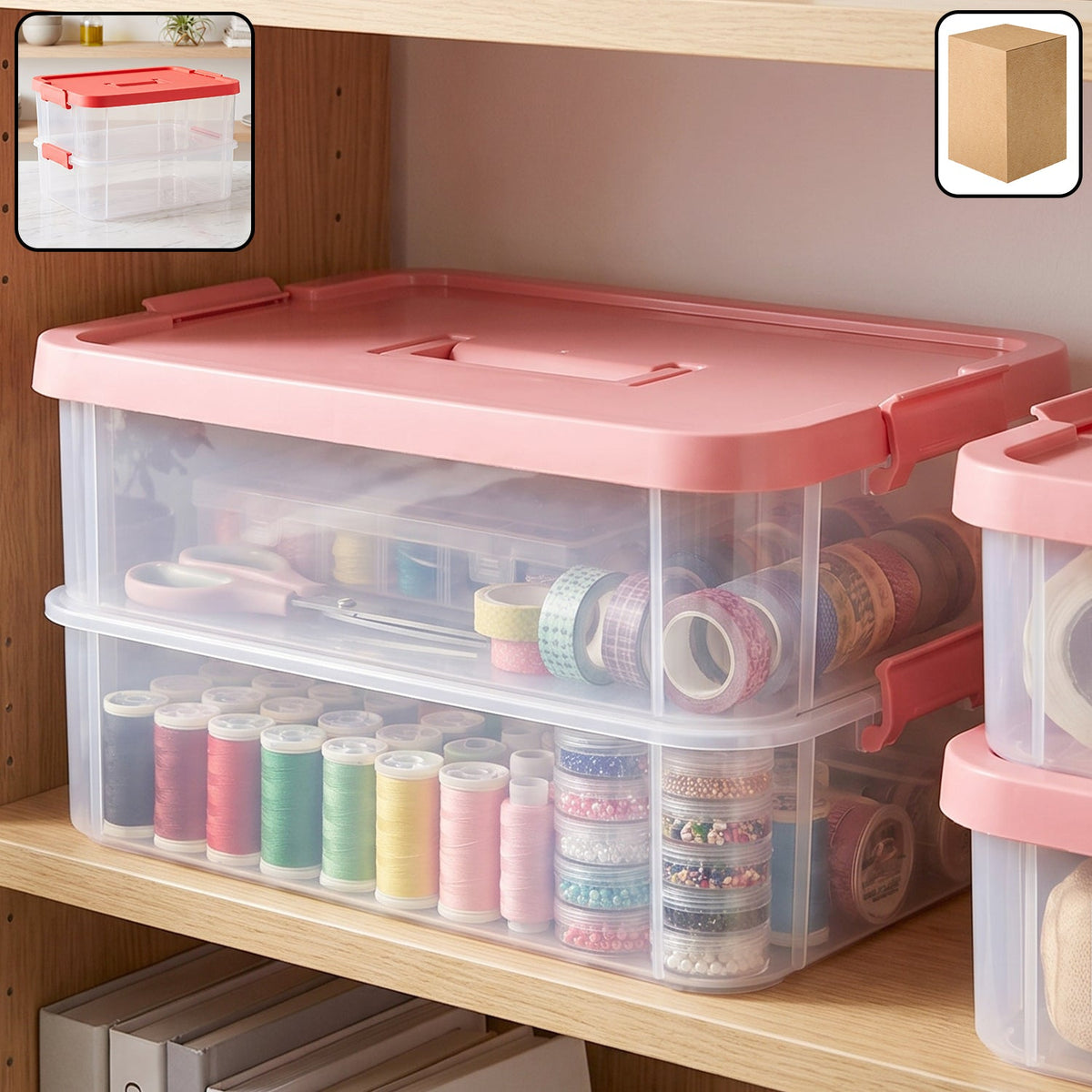 Plastic transparent storage box with lid, 2XL 2 layer stackable organizer (1 pc) Main image