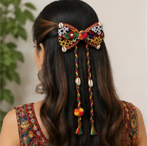 Set of 2 Navratri Hair Bow Alligator Clips – Handmade Multicolor Braided Ethnic Hair Accessories with Pom-Poms & Cowrie Shells