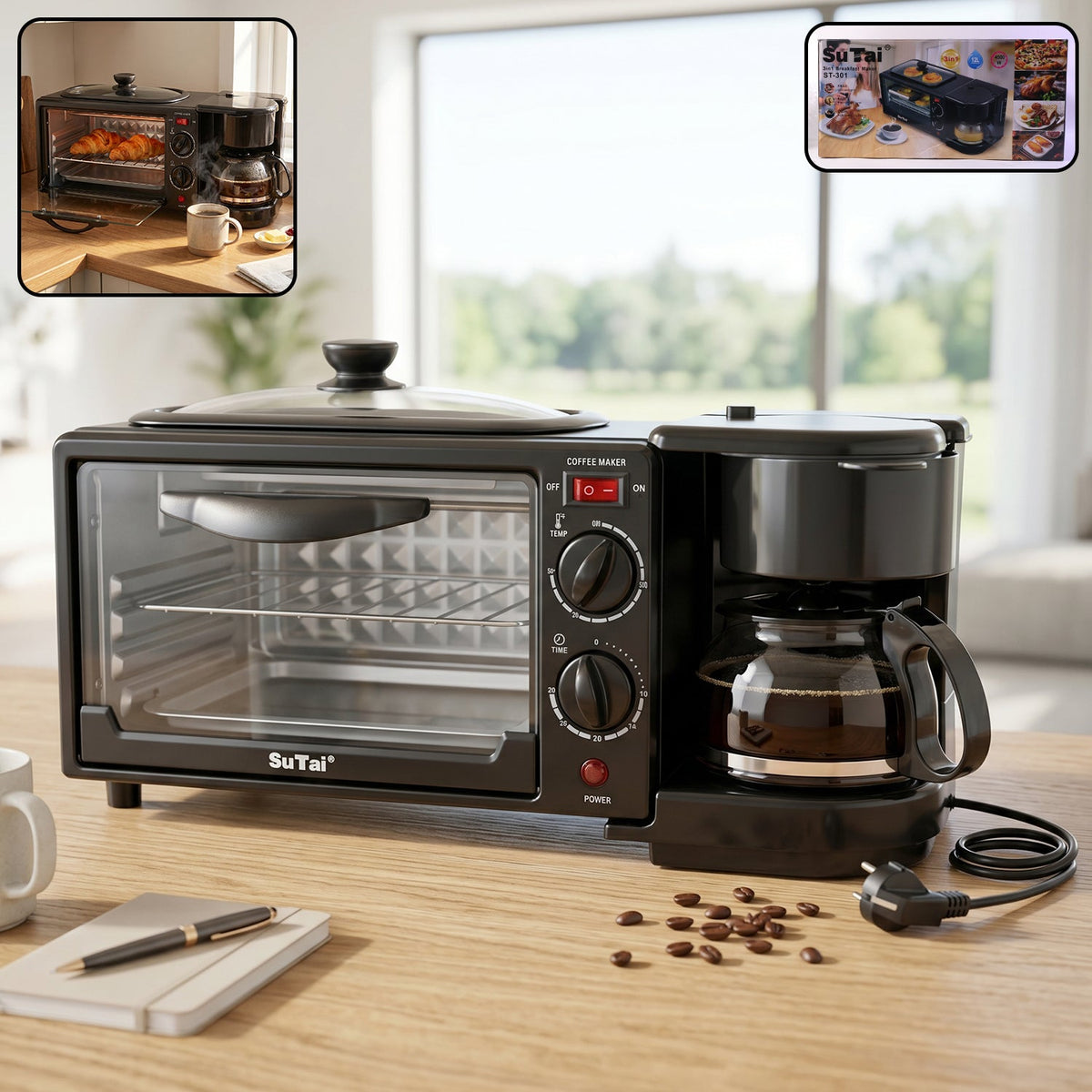 Front view of the 3 in 1 breakfast maker with oven, griddle, and coffee maker Main image