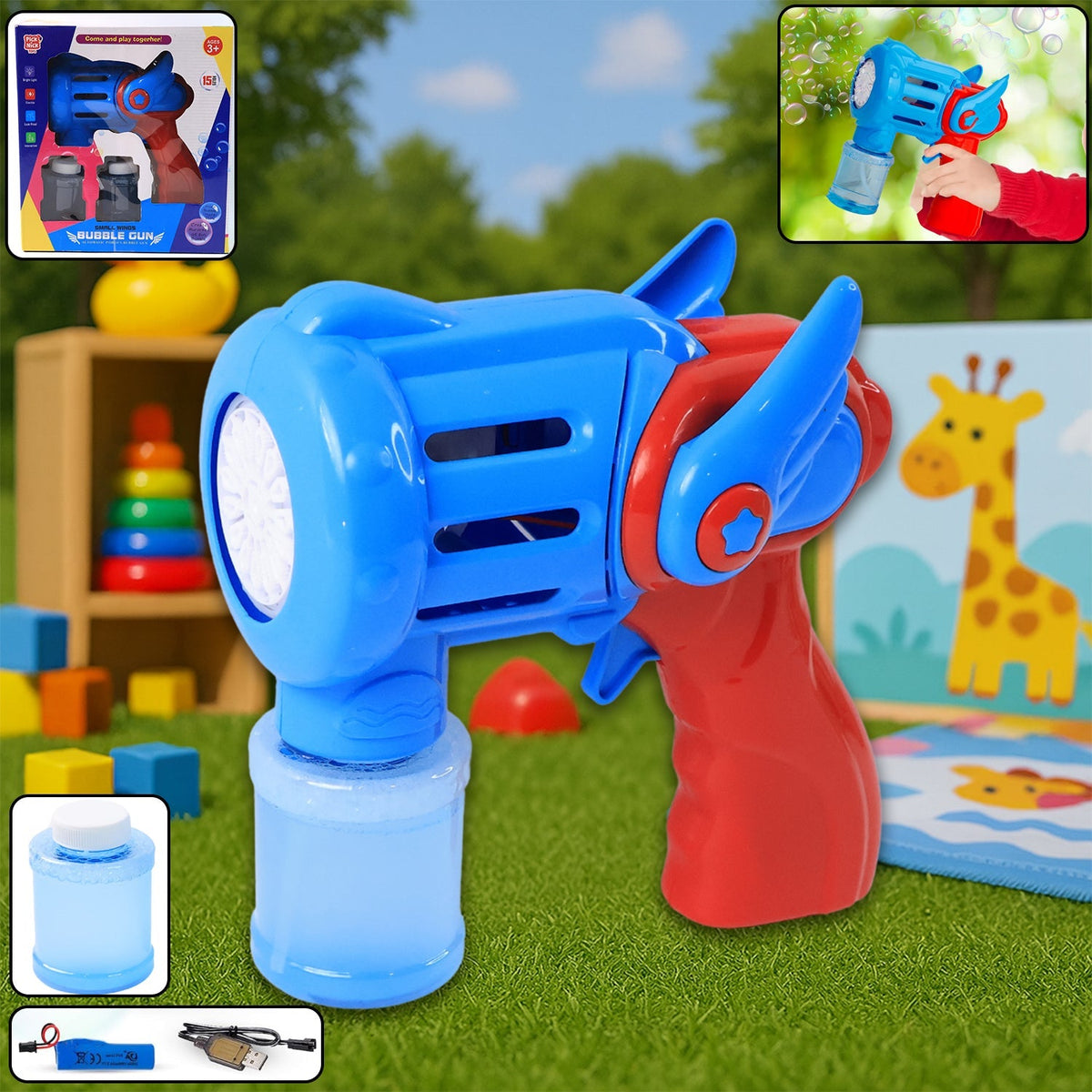 Kids holding colorful rechargeable bubble gun toy blowing bubbles Main image