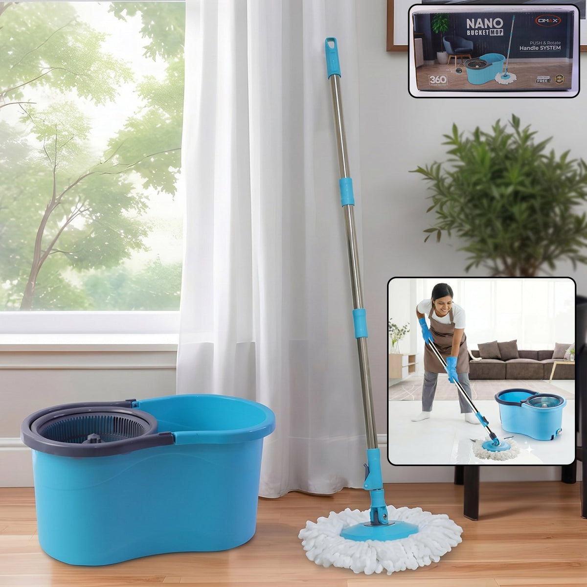 360 degree spin mop bucket set with stainless steel handle for easy cleaning Main image