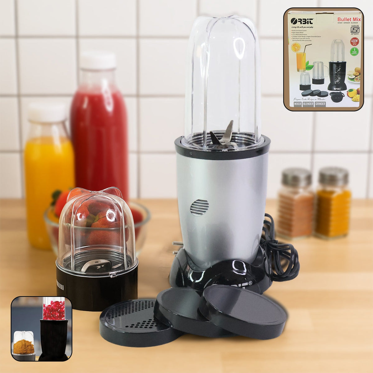 Orbit 400W multi-purpose bullet mixer with two jars for blending and grinding Main image