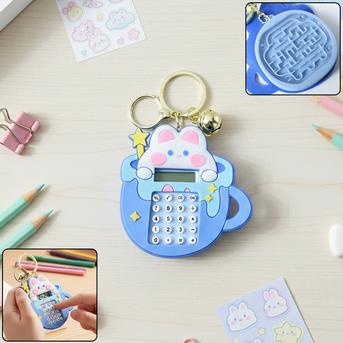 Cute bunny calculator keychain with mini digital display attached to keyring Main image