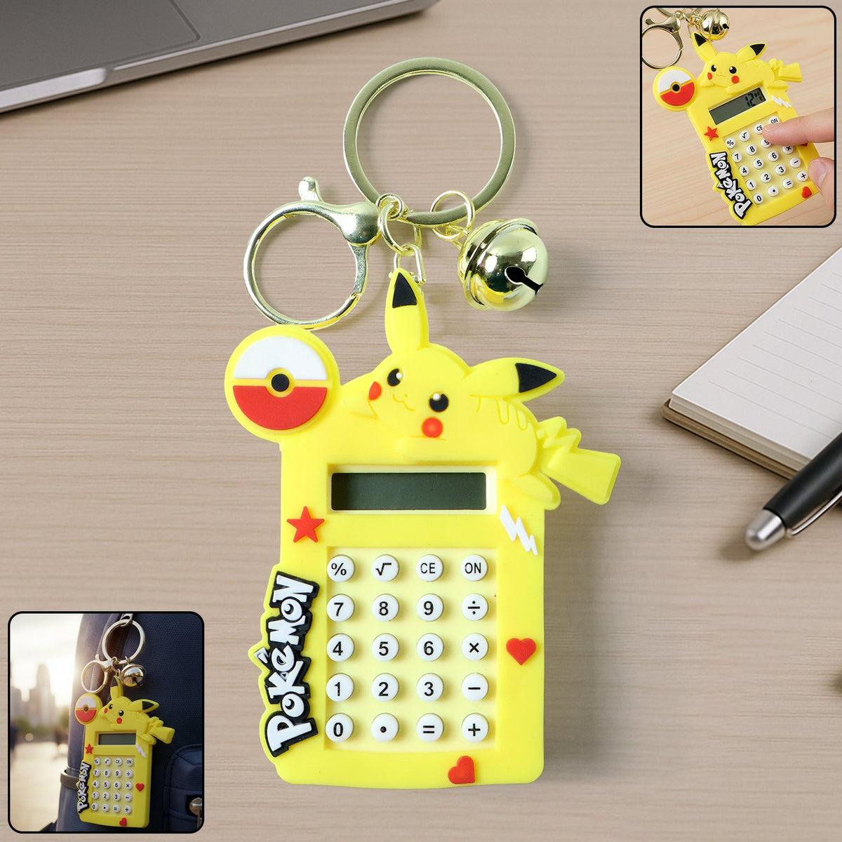 Cute yellow cartoon character calculator keychain with mini digital display and attached metal key ring and bell Main image