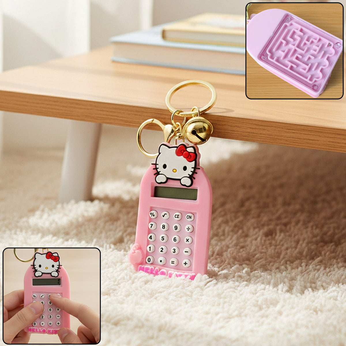 Cartoon cat calculator keychain with mini digital display and metal key ring Main image