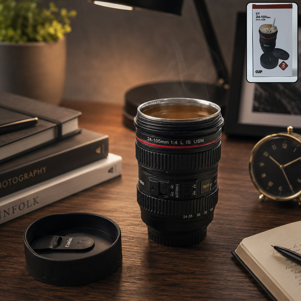 Front view of the camera lens coffee mug with its lid, showcasing realistic design. Main image