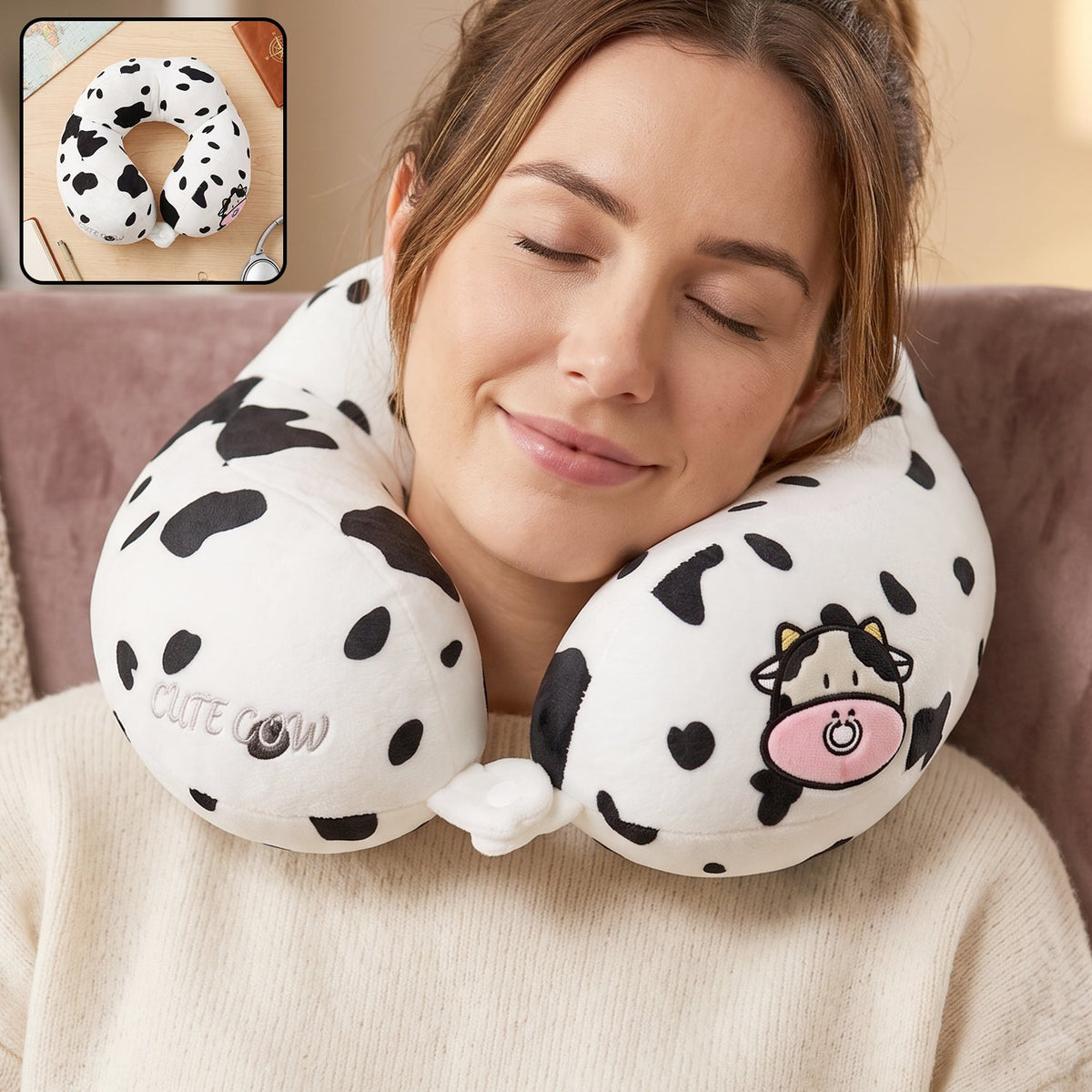 U shaped travel neck pillow, cute cow print soft plush pillow for travel (1 pc) Main image