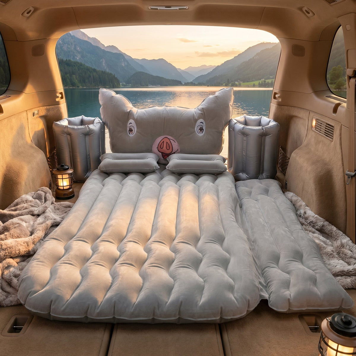 Car air mattress setup inside vehicle for a comfortable travel experience Main image