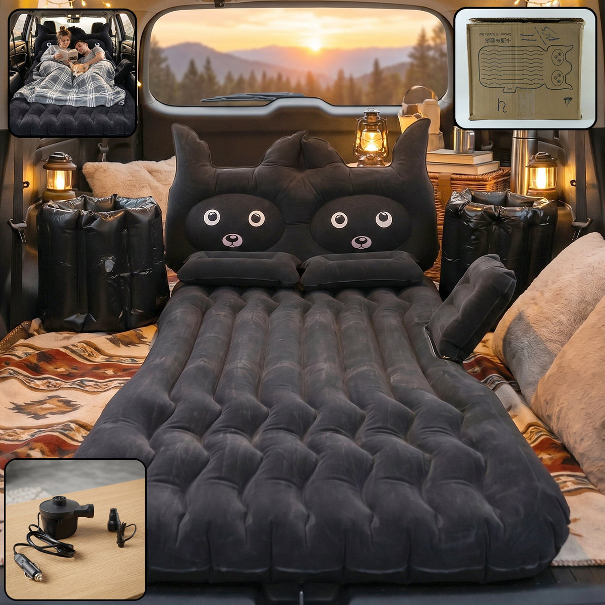Car air mattress inflatable bed with black cat pillow for travel Main image