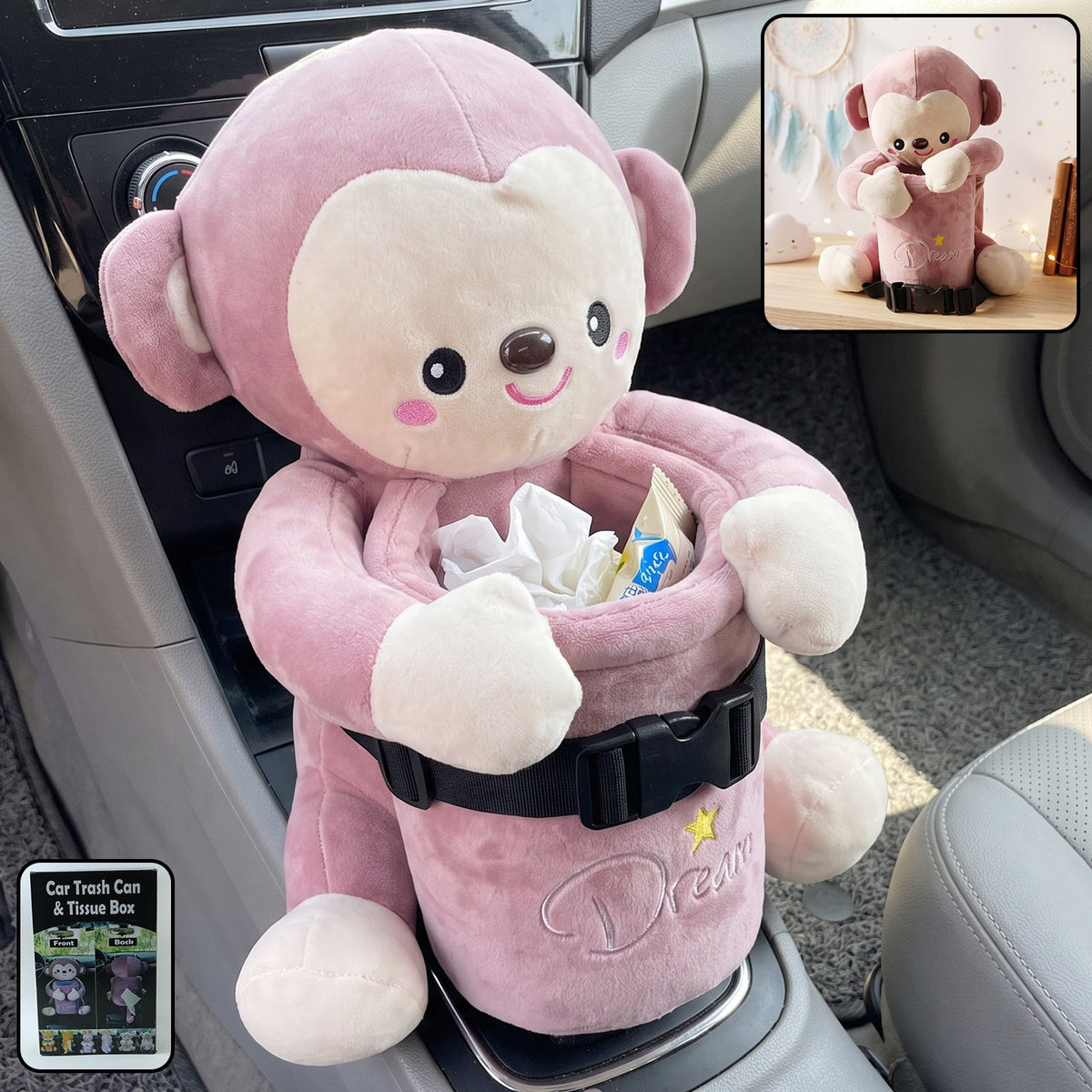 Car trash can and tissue box holder with cute plush monkey design (1 pc) Main image