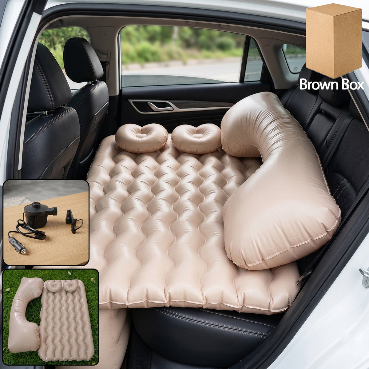 Inflated car air mattress set provides comfort in vehicle back seat. Main image