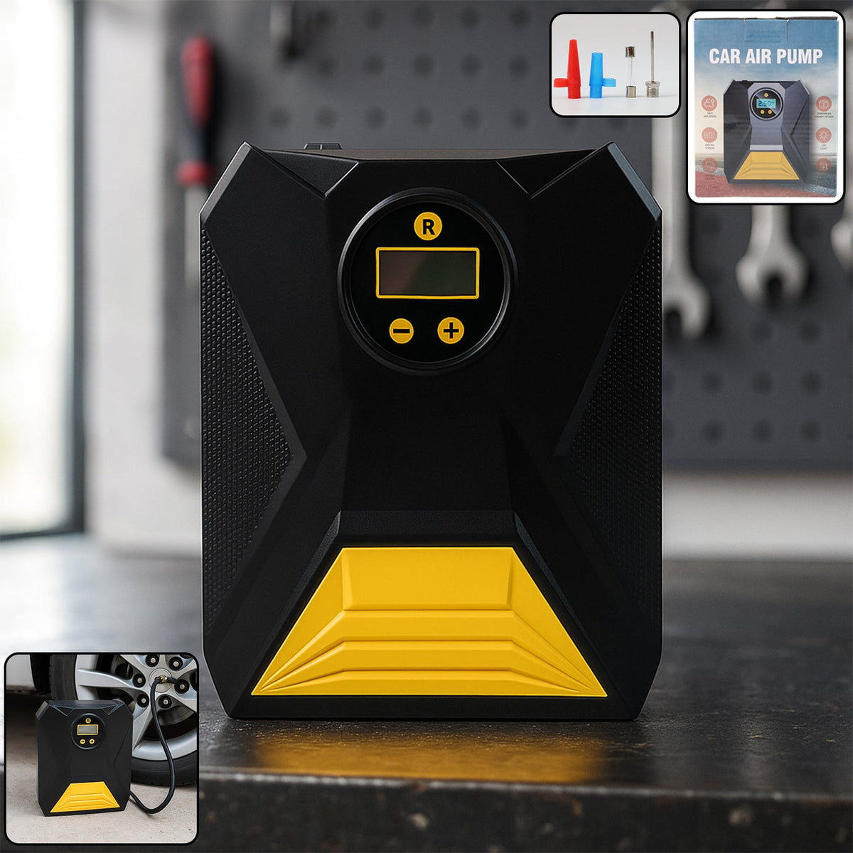 Mini digital portable car tyre air compressor front view showing LCD display Main image