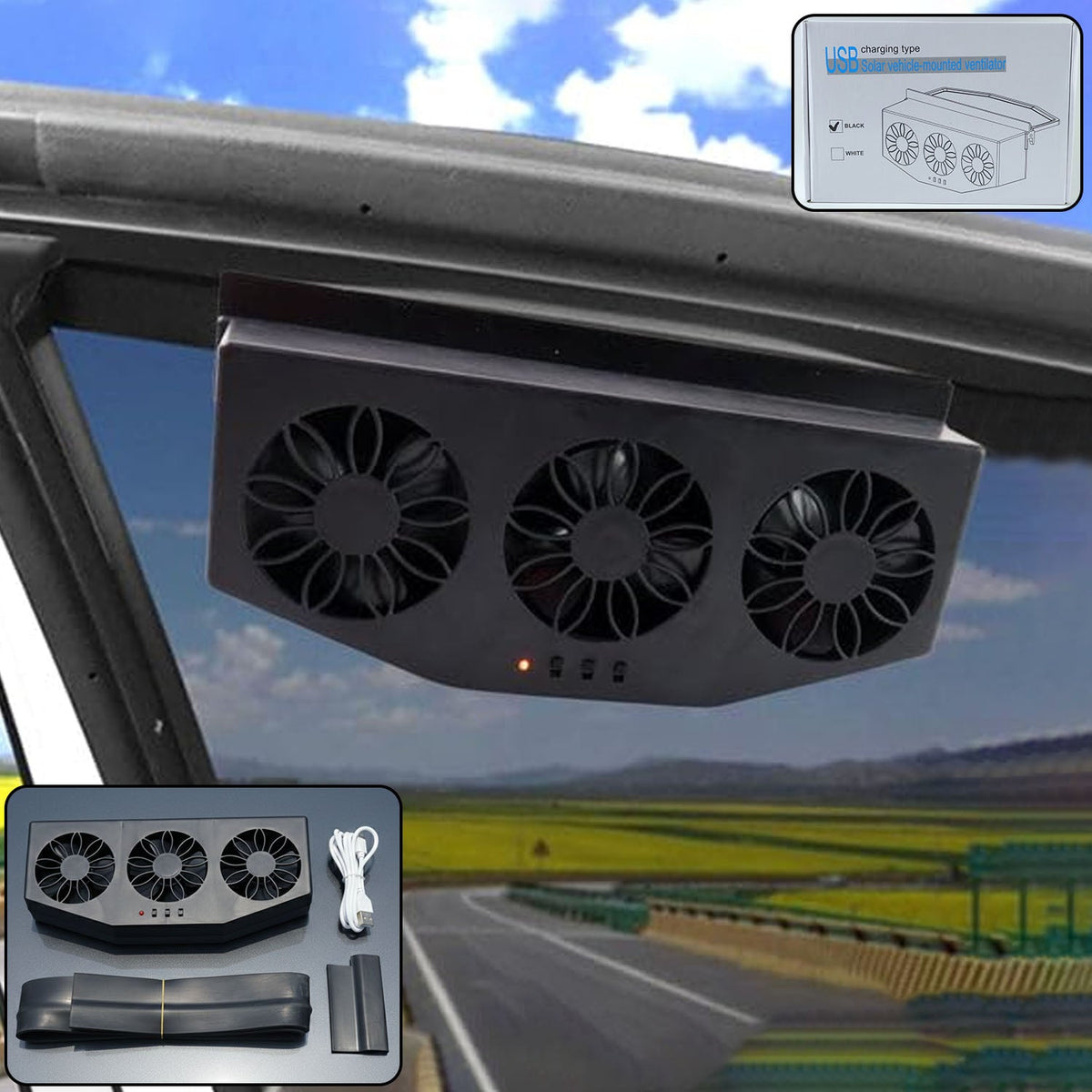 Triple fan car exhaust ventilation system mounted on car window for cooling Main image