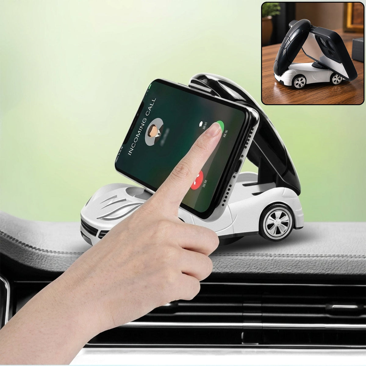 Car shaped mobile phone holder stand on an office desk Main image