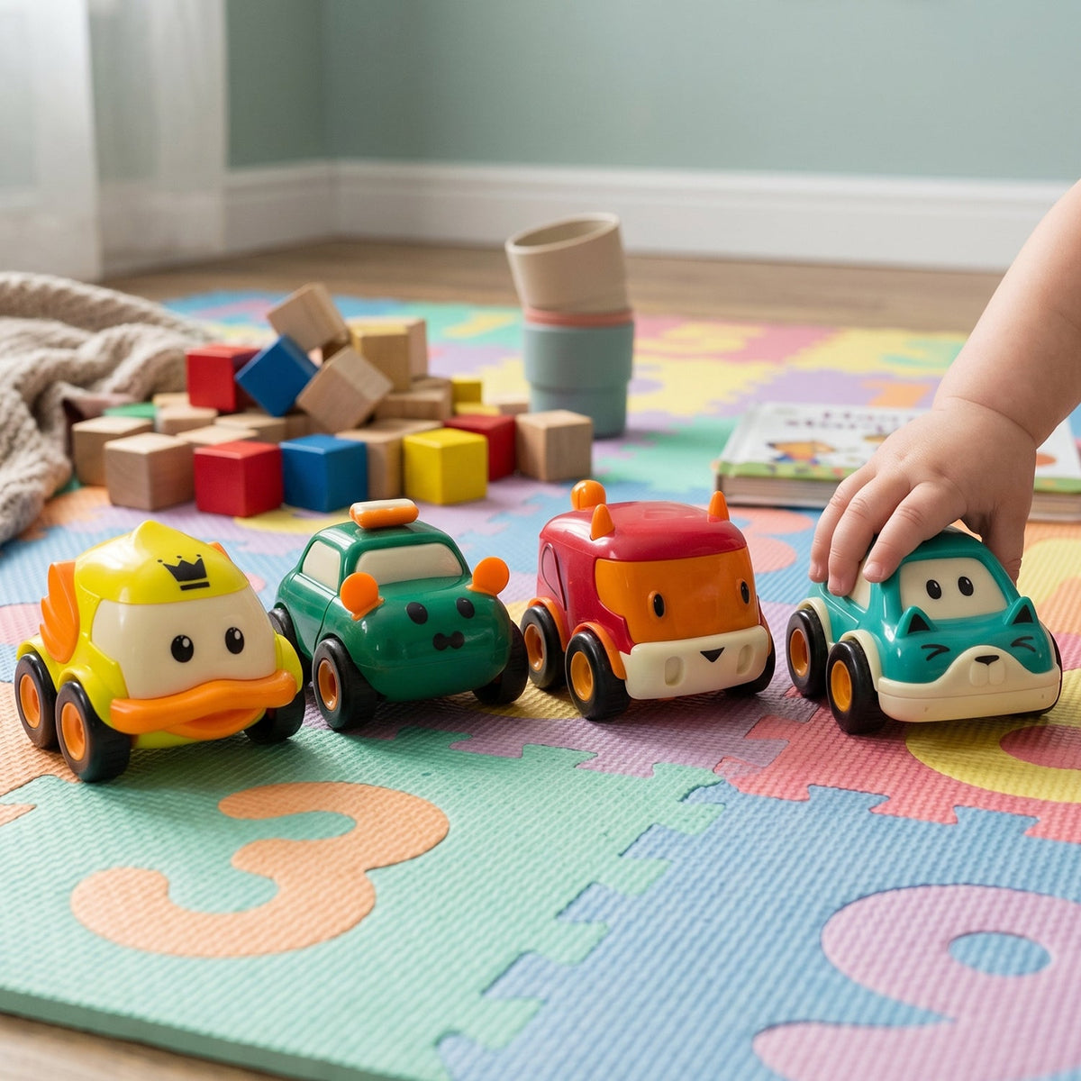Front view of Animal Cartoon Pull-Back Toy Car Set with four vibrant mini cars Main image