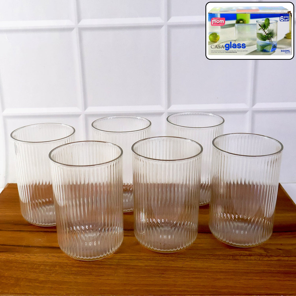 Supermom Plastic Glass Set with six tall ribbed 300ml glasses Main image