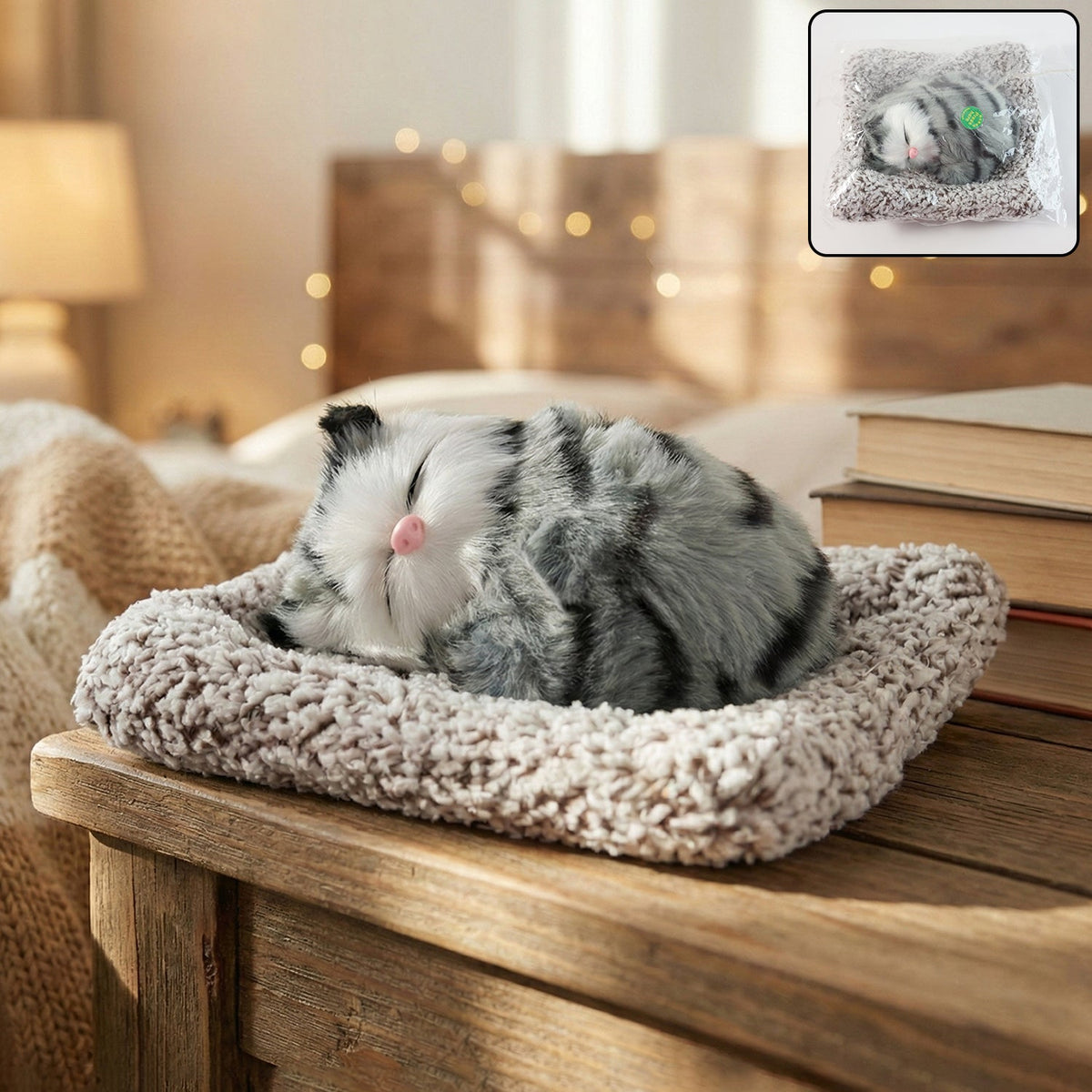 Closed-eye plush cat toy showcasing soft fabric for car dashboard decor Main image