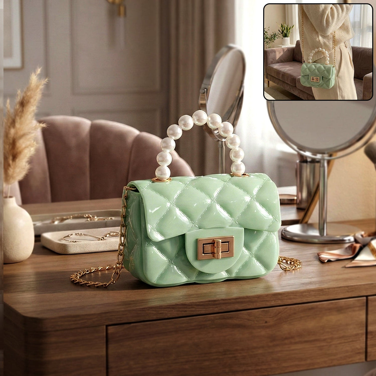 Quilted mini handbag showcasing elegant pearl handle and gold chain strap Main image