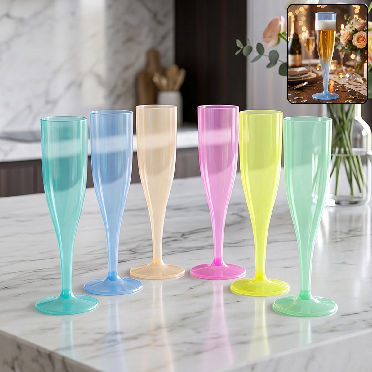 Reusable plastic champagne flutes and wine glasses set in assorted colours (6 pc set) Main image