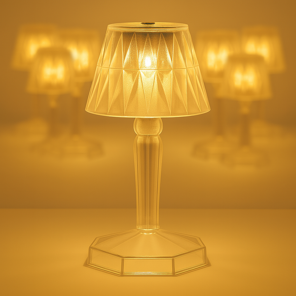 The crystal table lamp showcasing its unique reflection light effect in a dark room.