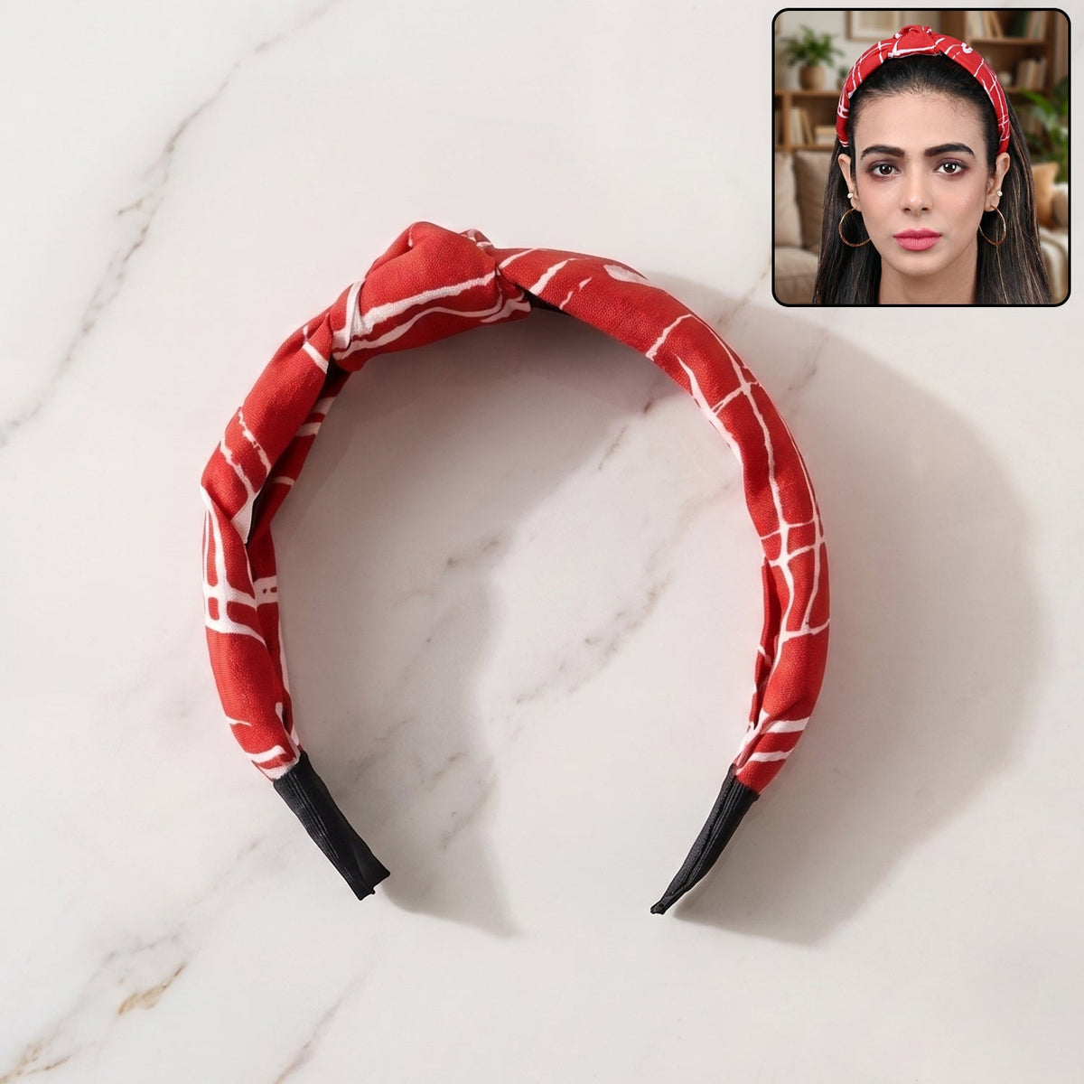 Red and white printed knot design hairband for women Main image