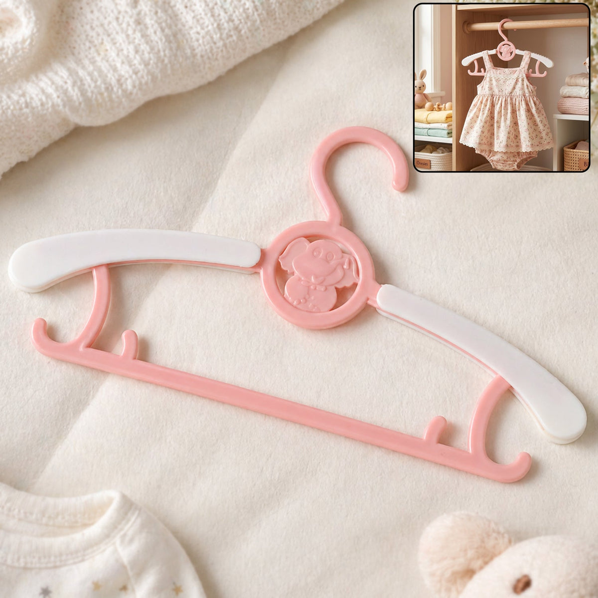Colorful plastic kids clothes hanger with playful design Main image