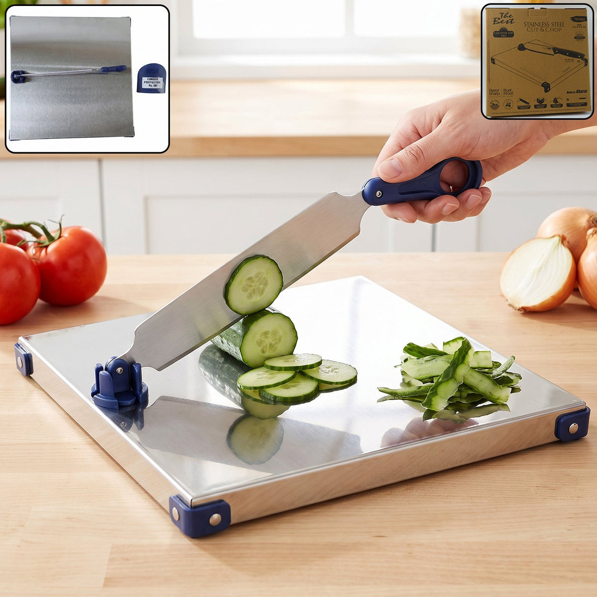 Stainless Steel 2 In 1 Cutting Chopping Board with Knife Finger Guard (1 Set) product image Main image