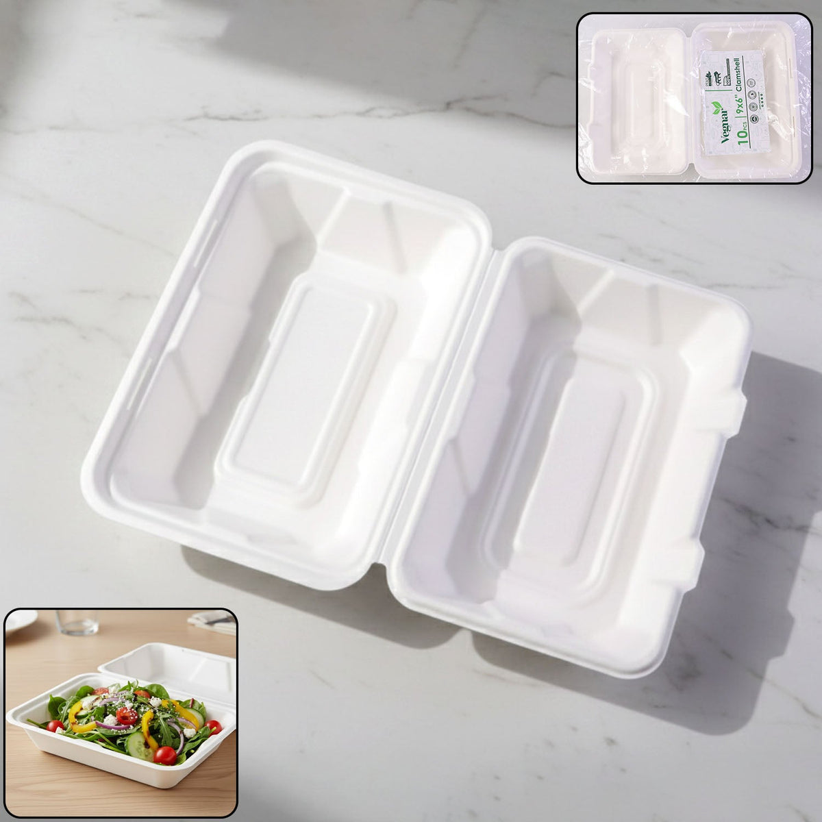 Vegnar 9x6 inch bagasse clamshell food box with hinged lid Main image