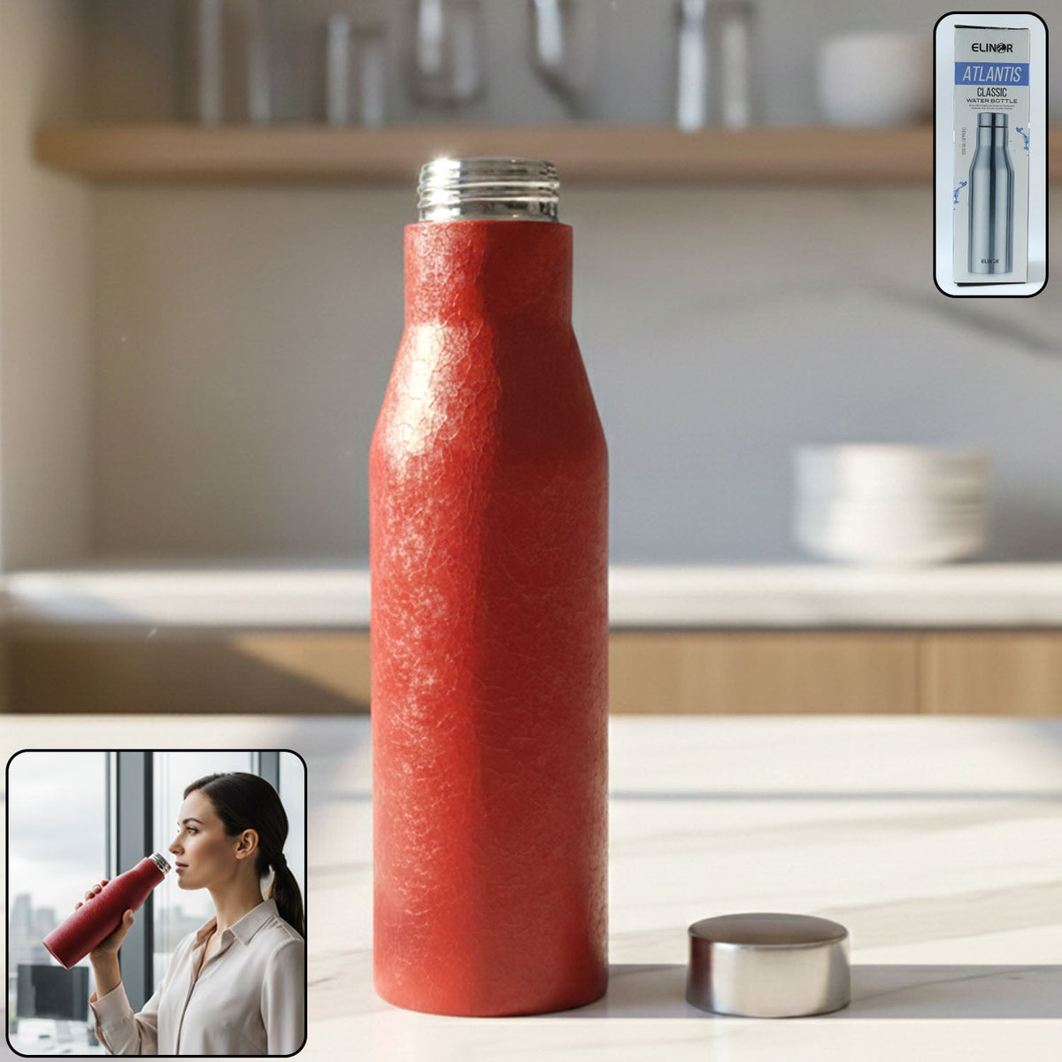 Red insulated stainless steel water bottle with leakproof screw cap Main image