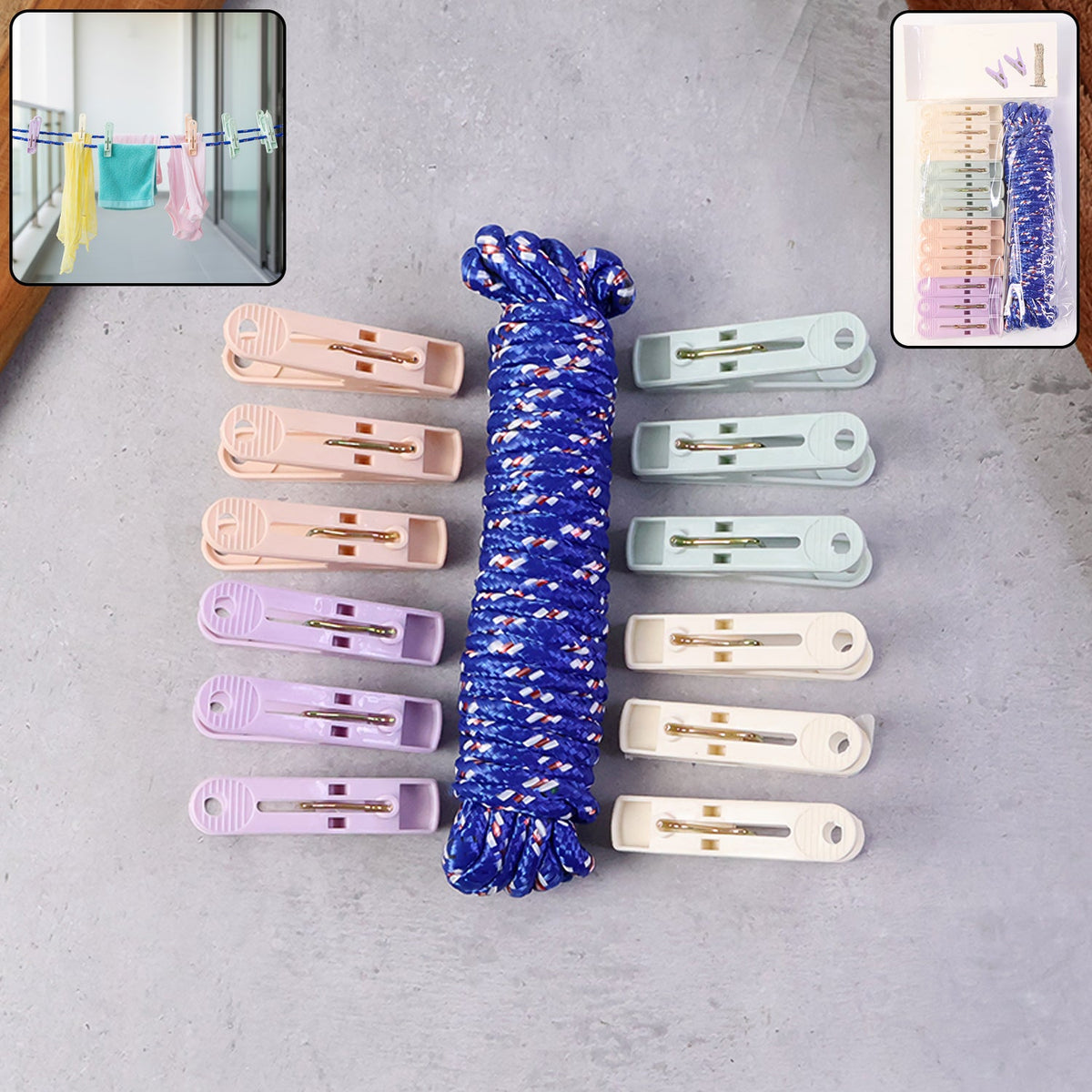 Clothesline rope with 12 pastel clips for laundry drying Main image