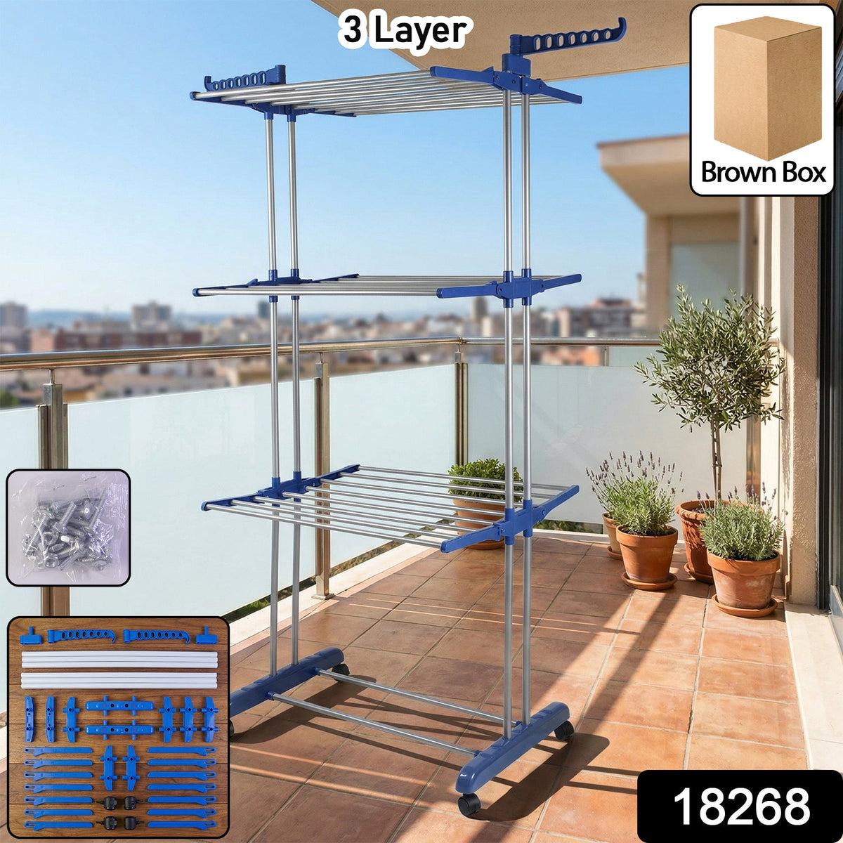 Multi-tier foldable clothes drying rack on wheels for indoor or outdoor use Main image