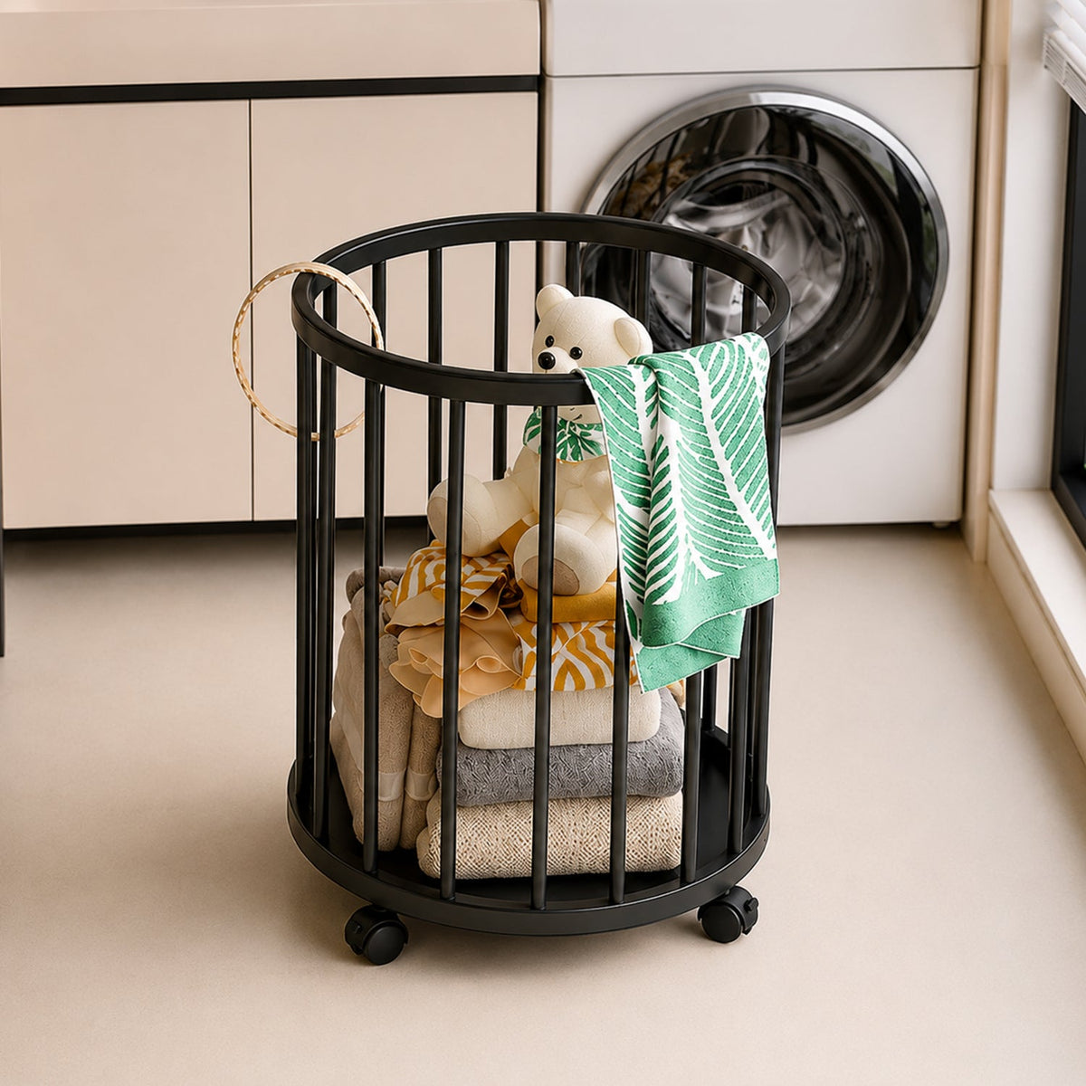 Metal laundry basket with wheels, round standing dirty clothes hamper (1 pc) Main image